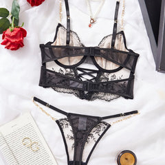 2 Pieces Western Chain Flower Embroidery Bra Cross Straps Designs Erotic Seductive Underwears Clothing Lingerie Set