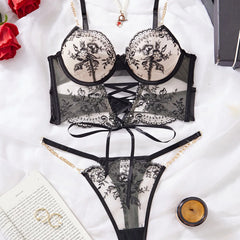 2 Pieces Western Chain Flower Embroidery Bra Cross Straps Designs Erotic Seductive Underwears Clothing Lingerie Set