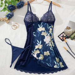 2 Pieces Western Lace Printed Nightdress Thong