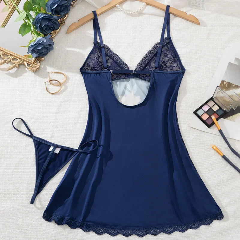 2 Pieces Western Lace Printed Nightdress Thong