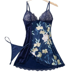 2 Pieces Western Lace Printed Nightdress Thong