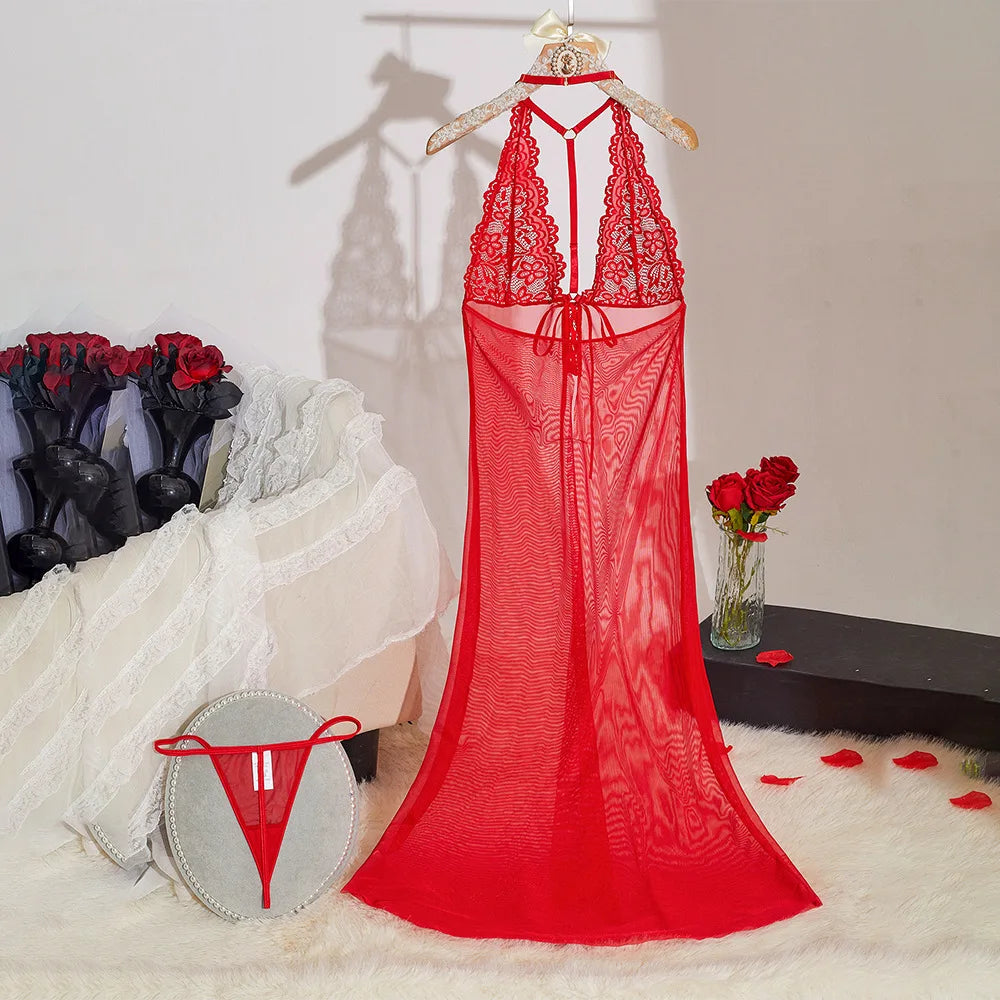 2 Pieces Western Lace See Through Long Gown Thong