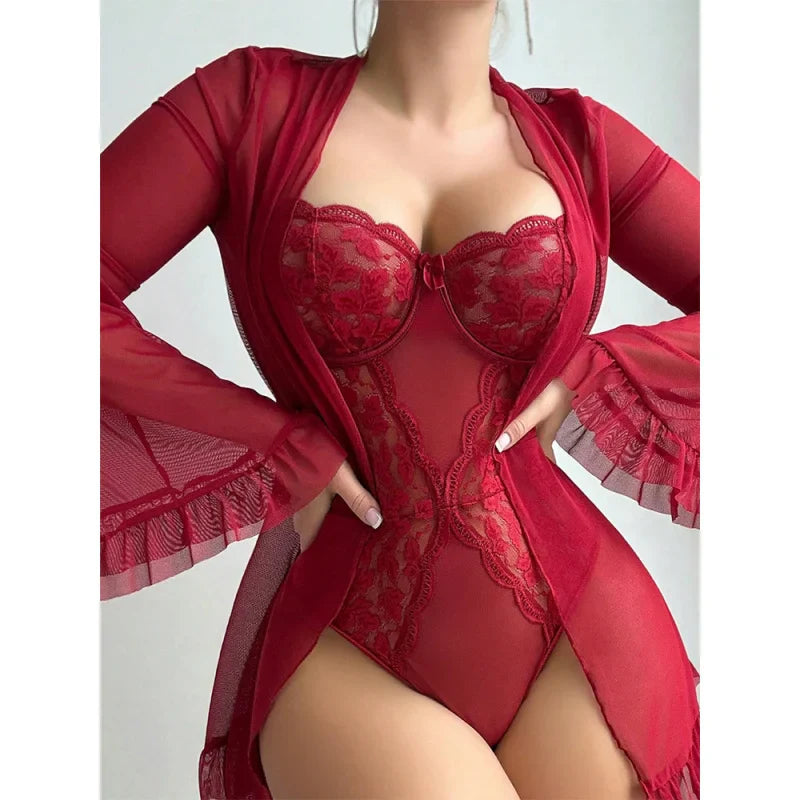 2 Pieces Western Nightrobe Lace See Through
