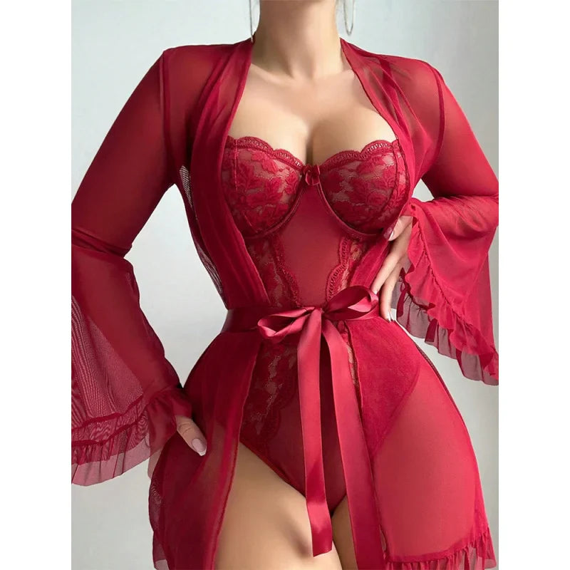 2 Pieces Western Nightrobe Lace See Through