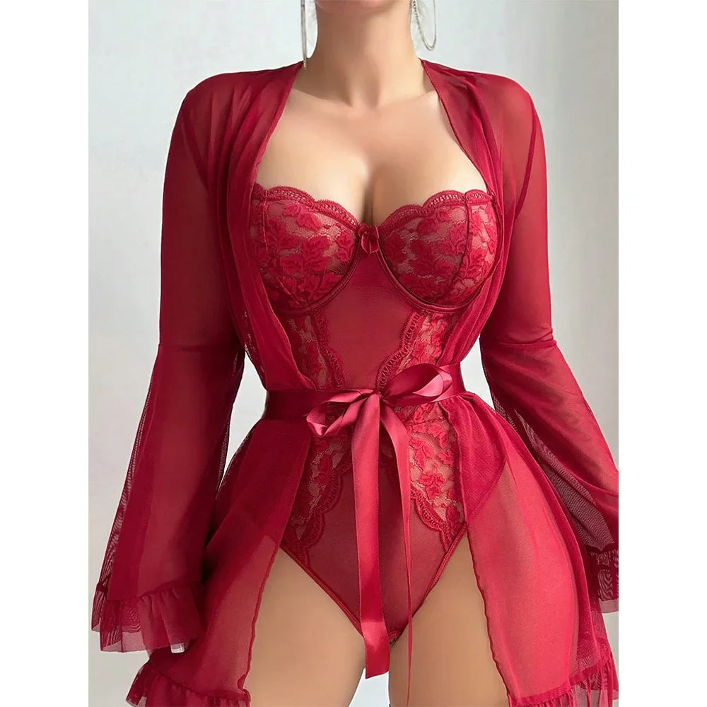 2 Pieces Western Nightrobe Lace See Through