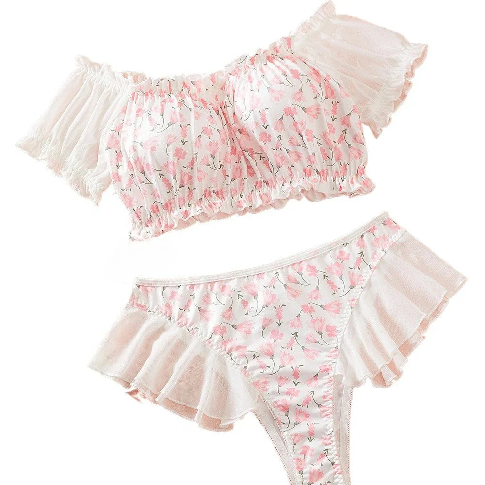 2 Pieces Western Style Floral Print Tube Thong G String Summer Erotic Lingerie Outfit Set
