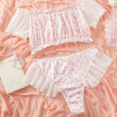 2 Pieces Western Style Floral Print Tube Thong G String Summer Erotic Lingerie Outfit Set
