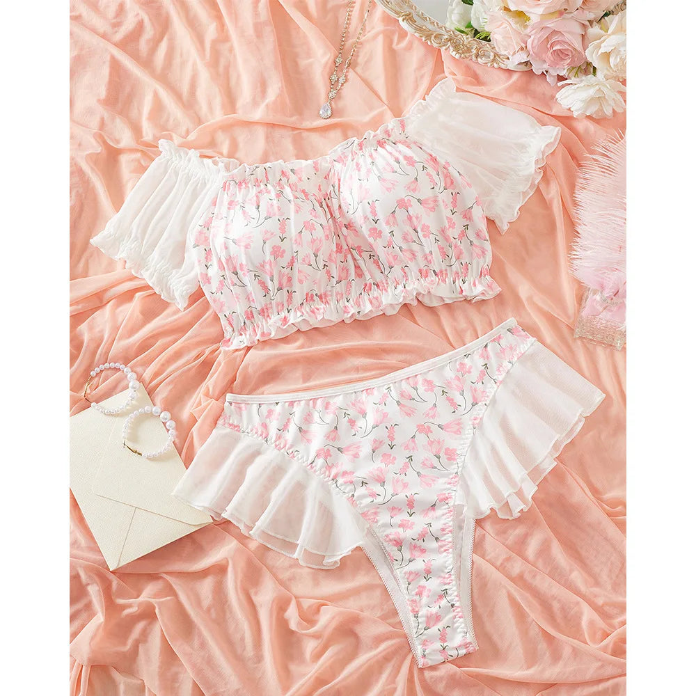 2 Pieces Western Style Floral Print Tube Thong G String Summer Erotic Lingerie Outfit Set