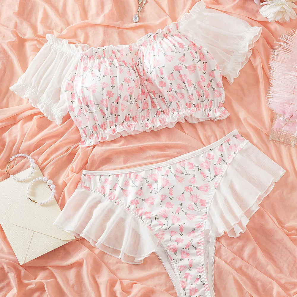 2 Pieces Western Style Floral Print Tube Thong G String Summer Erotic Lingerie Outfit Set