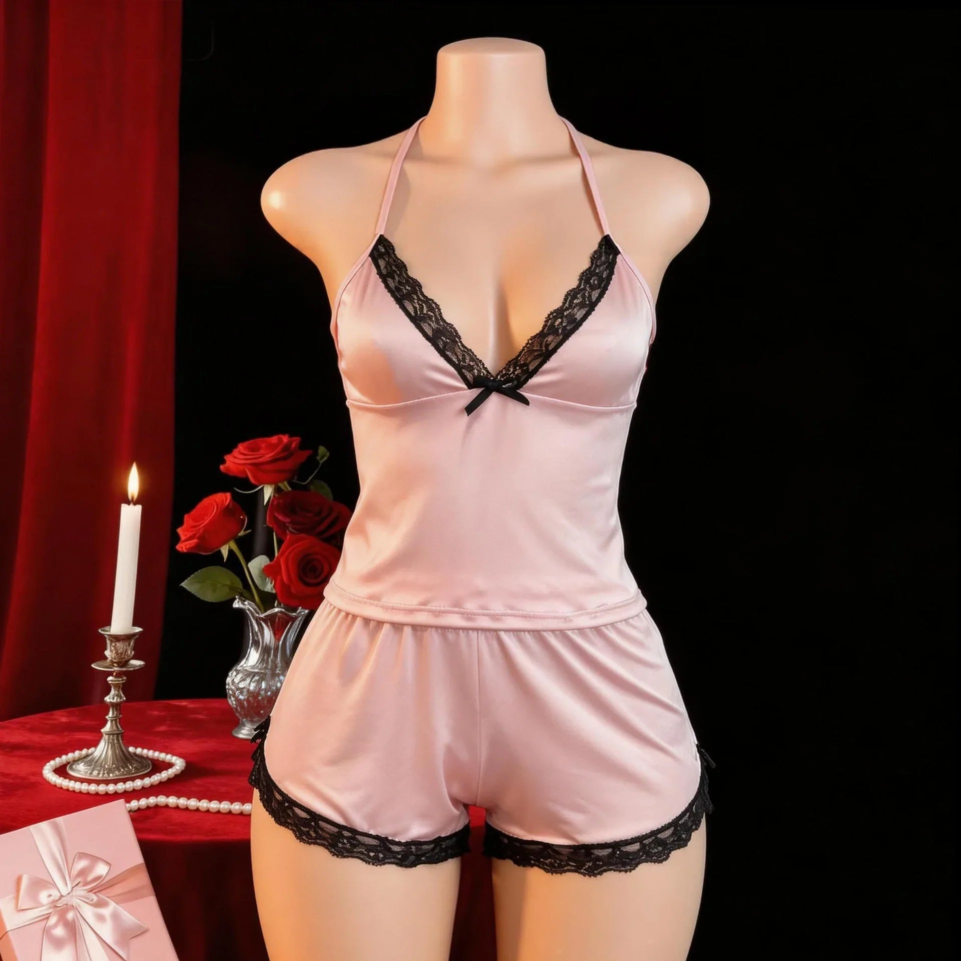 2 Pieces Western Style Leopard Print Sling Nightwear Lace Shorts