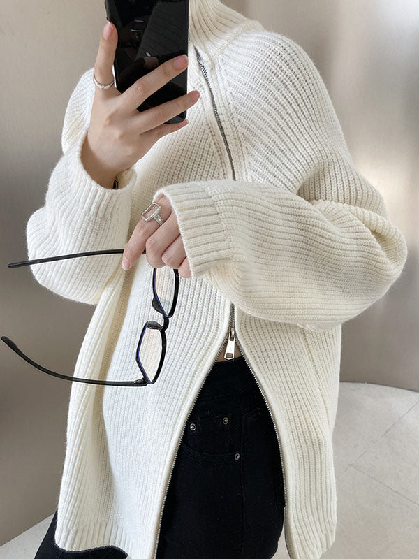 Urban Loose Long Sleeves Split-Side Solid Color Zipper Halter-Neck Sweater Tops