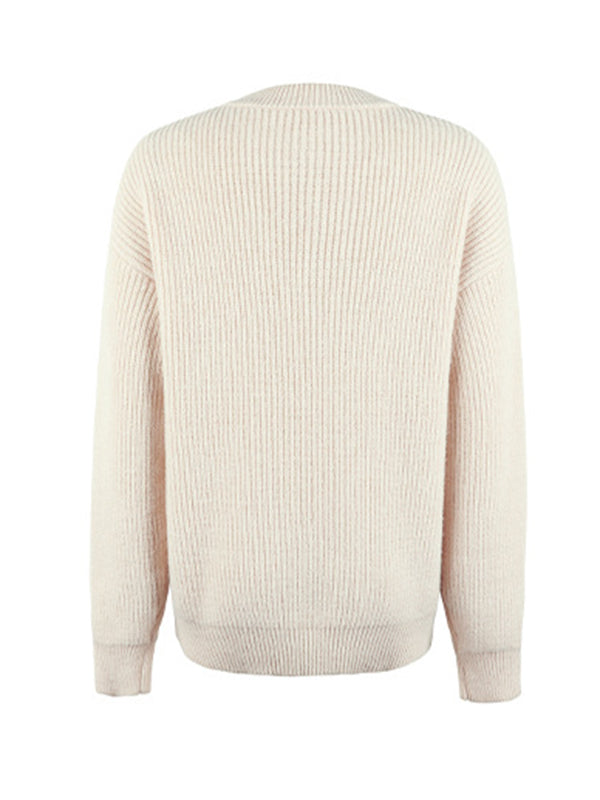 Casual Long Sleeves Solid Color Round-Neck Sweater Tops
