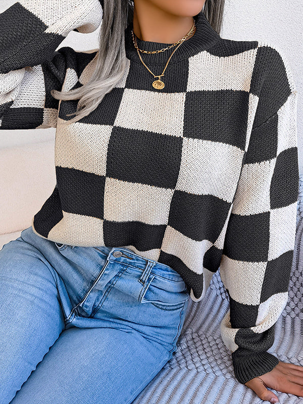 Contrast Color Plaid Long Sleeves Loose Round-Neck Sweater Tops