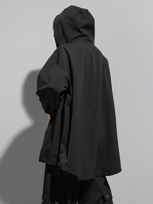 Irregularity Loose Solid Color Zipper Hooded Outerwear
