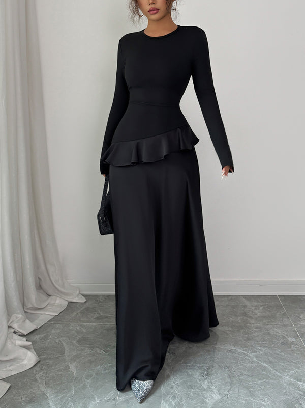 Ruffle Trim Solid Color Split-Joint A-Line High Waisted Round-Neck Maxi Dresses