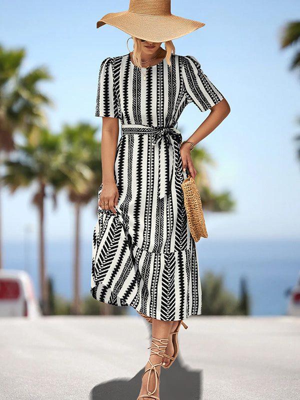 Split-Joint Striped Tied Waist A-Line Loose Round-Neck Midi Dresses