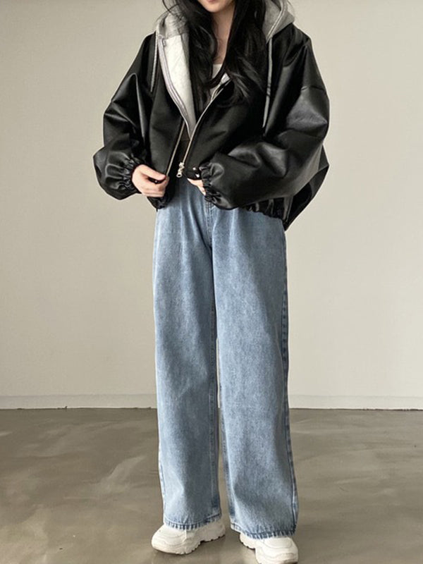 Drawstring Solid Color Zipper Long Sleeves Loose Stand Collar Outerwear Jackets