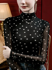 Polka-Dot Long Sleeves Plus Size Mock Neck T-Shirts Tops
