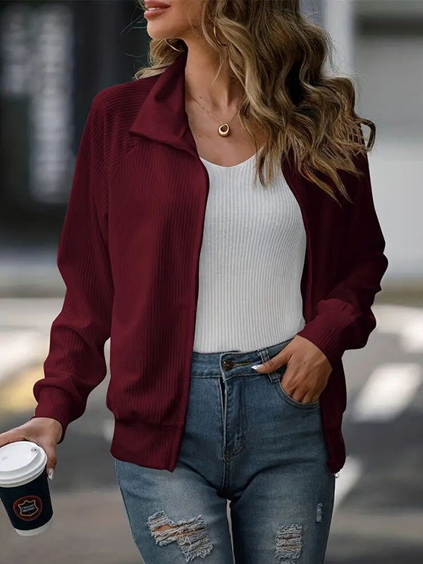 Solid Color Zipper Long Sleeves Loose Lapel Outerwear
