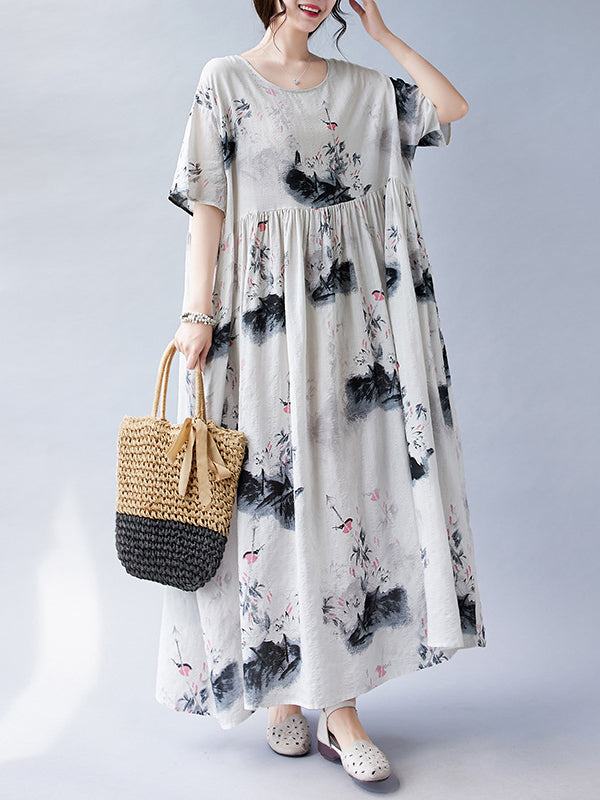 Pleated Printed Split-Joint Loose Short Sleeves Round-neck Midi Dresses