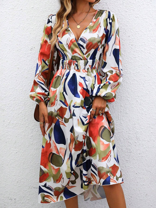 Elasticity Printed Split-Joint A-Line Long Sleeves Deep V-Neck Midi Dresses