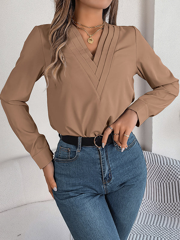 Pleated Solid Color Split-Joint Long Sleeves Loose V-Neck T-Shirts Tops