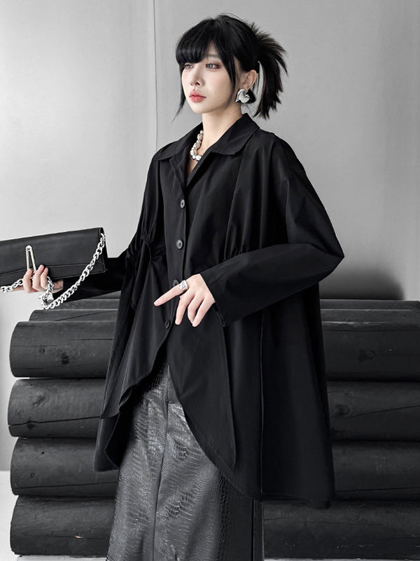 Buttoned Pleated Solid Color Split-Joint High-Low Irregularity Shirt Collar Blouses&Shirts Tops
