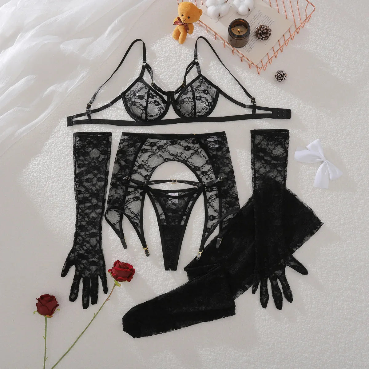 2025 Elegant Lace thong shaping ultra-thin see through stockings five piece set