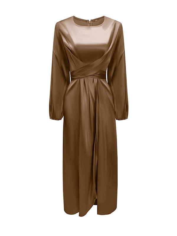 High-Waisted Solid Color Tied Waist Zipper Wrap Round-neck Maxi Dresses