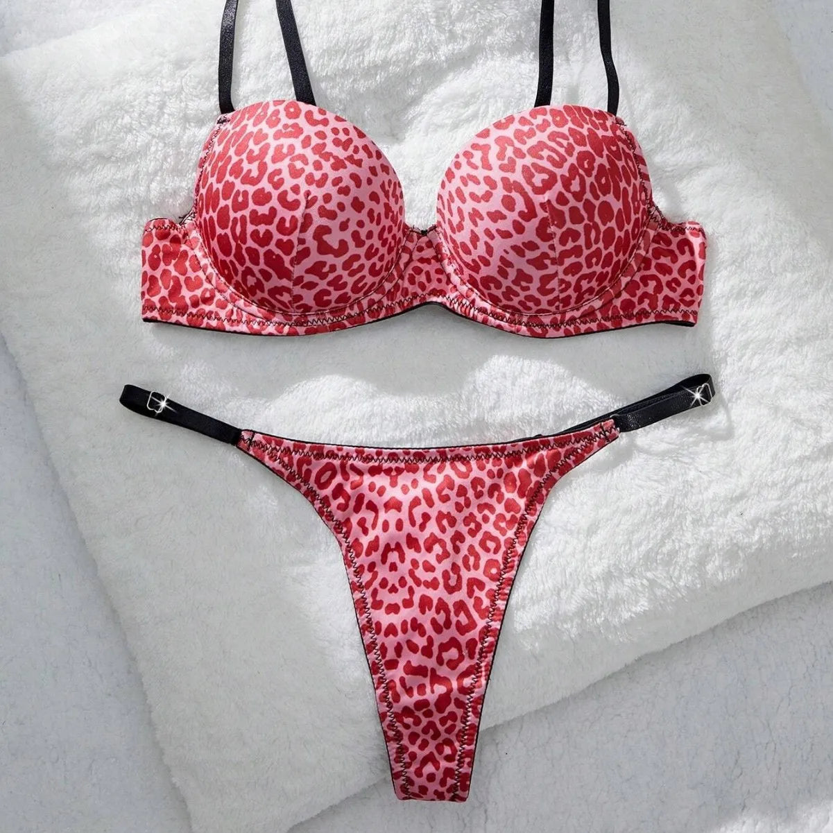 2026 European American Lingerie Leopard Print Bra Panty Comfortable Push Up Erotic Lingerie Set
