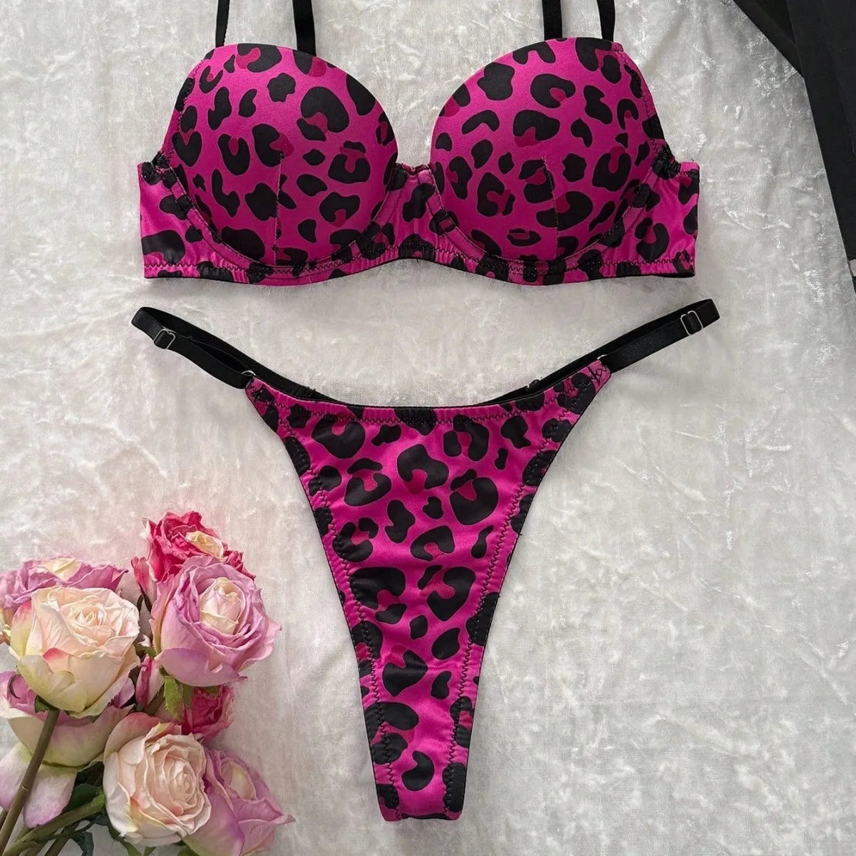 2026 European American Lingerie Leopard Print Bra Panty Comfortable Push Up Erotic Lingerie Set
