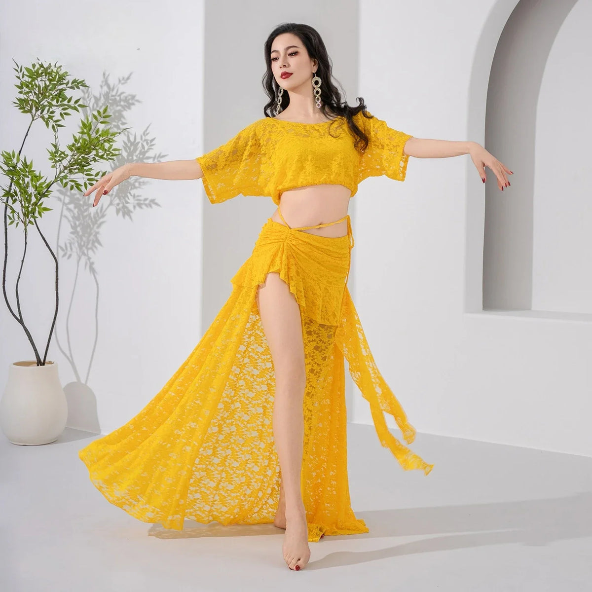 2026 Belly Dance Lace Set Elegant Practice Wear Oriental Dance Training Outfit Performance Costume