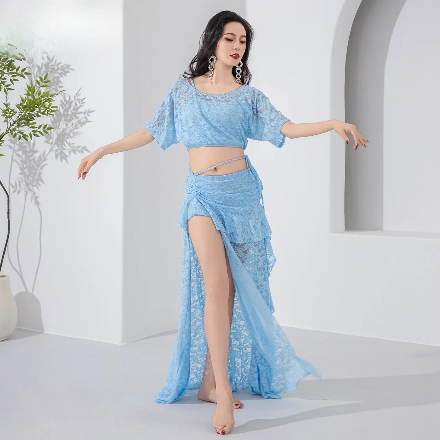 2026 Belly Dance Lace Set Elegant Practice Wear Oriental Dance Training Outfit Performance Costume
