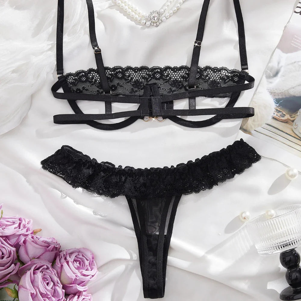 2026 Western Black Bra Lace Lingerie Sets Three Point See Through Erotic Suits