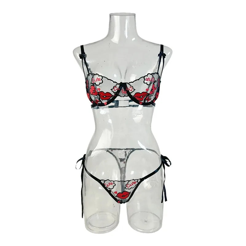 2026 Western Mesh Lips Embroidery Lace Up Bra Thongs Pure Erotic Seductive Underwears Lingerie Set