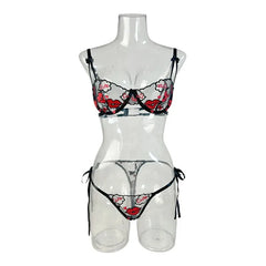 2026 Western Mesh Lips Embroidery Lace Up Bra Thongs Pure Erotic Seductive Underwears Lingerie Set