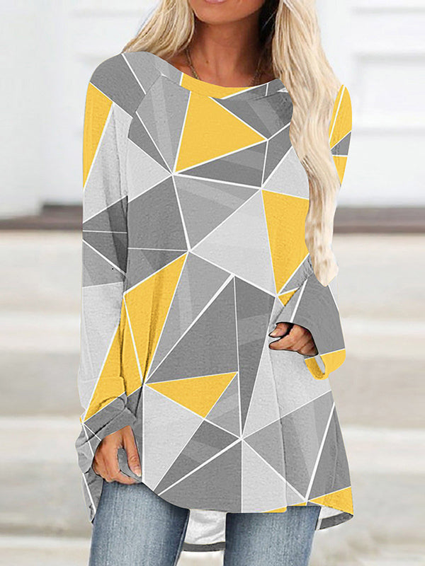 Plaid Printed High-low Long Sleeves Round-neck T-Shirts Tops