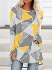 Plaid Printed High-low Long Sleeves Round-neck T-Shirts Tops