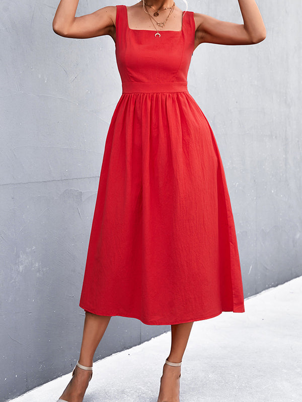 Pleated Solid Color Split-Joint High Waisted Sleeveless U-Neck Midi Dresses