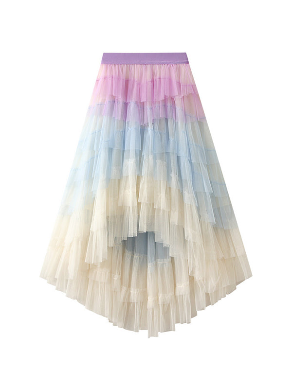 Contrast Color Elasticity Gauze Gradient Pleated Split-Joint Tiered A-Line High-Low Skirts