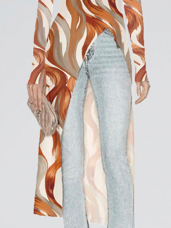 Printed High-low Long Sleeves High-neck T-Shirts Tops