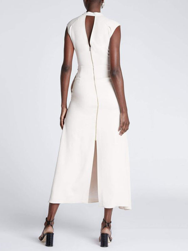 Hollow Pockets Solid Color Split-back Tied Zipper A-line Bodycon Cold shoulder Midi Dresses