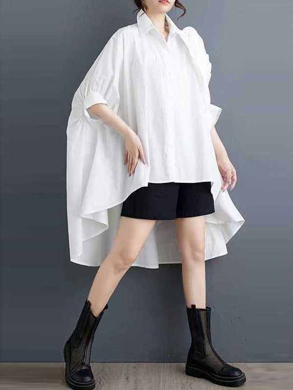 Asymmetric Buttoned Pleated Solid Color Three-Dimensional Flower Batwing Sleeves Half Sleeves Lapel Blouses&Shirts Tops