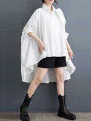 Asymmetric Buttoned Pleated Solid Color Three-Dimensional Flower Batwing Sleeves Half Sleeves Lapel Blouses&Shirts Tops