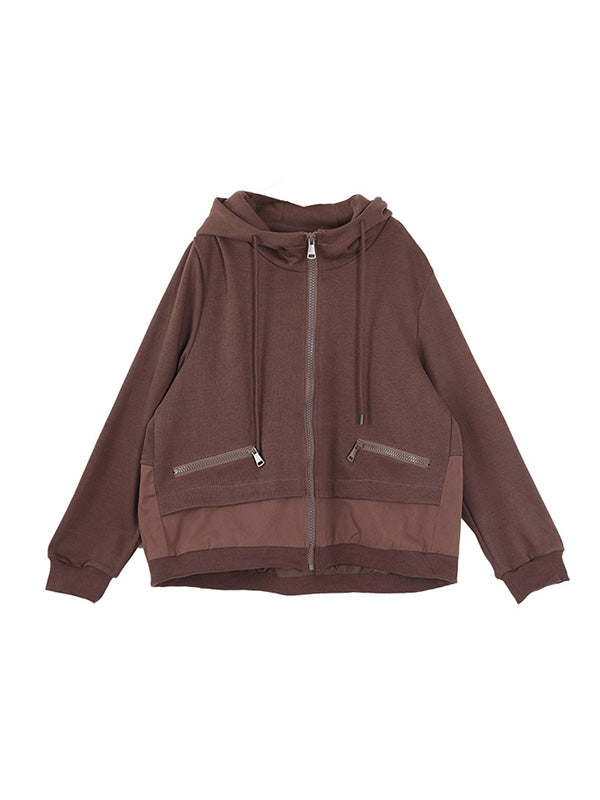 Artistic Retro Loose Long Sleeves Solid Color Zipper Hooded Outerwear