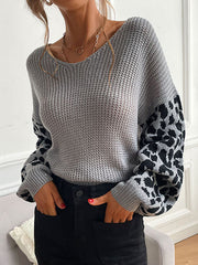 Loose Puff Sleeves Leopard Split-Joint V-Neck Sweater Tops