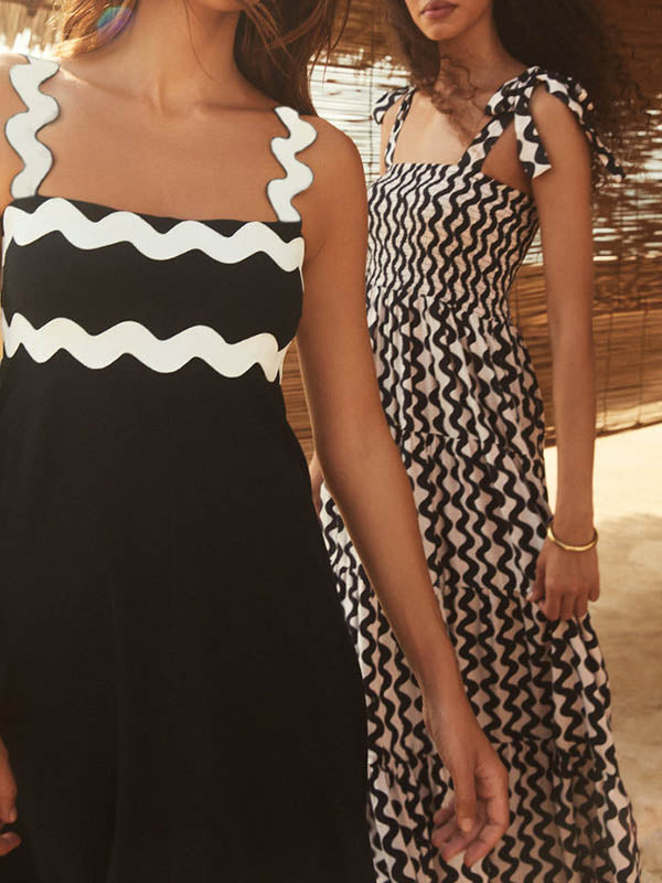A-line High Waisted Contrast Color Zipper Square-neck Maxi Dresses Midi Dresses