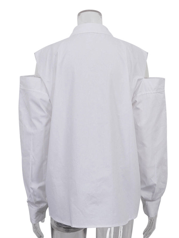 Buttoned Fringed Hollow Pockets Solid Color Split-Joint Long Sleeves Loose Lapel Blouses&Shirts Tops