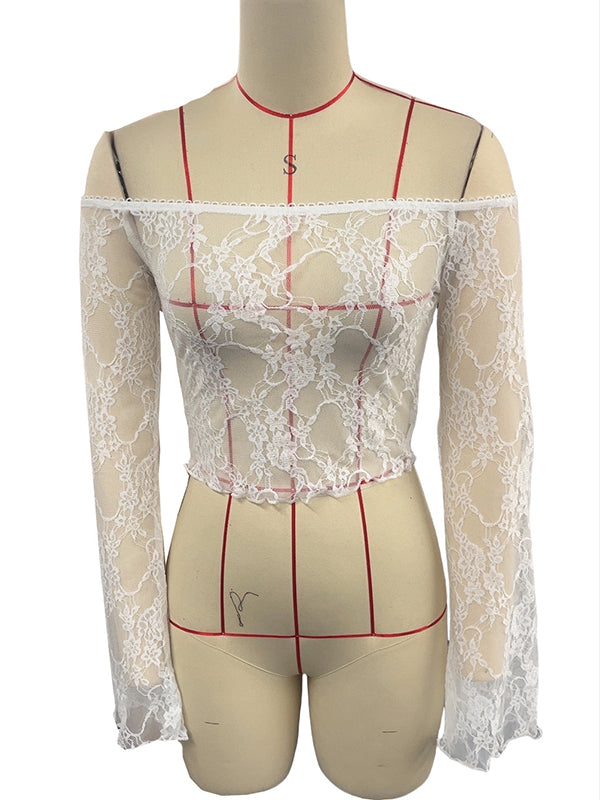 See-Through Solid Color Flared Sleeves Long Sleeves Off-The-Shoulder T-Shirts Tops