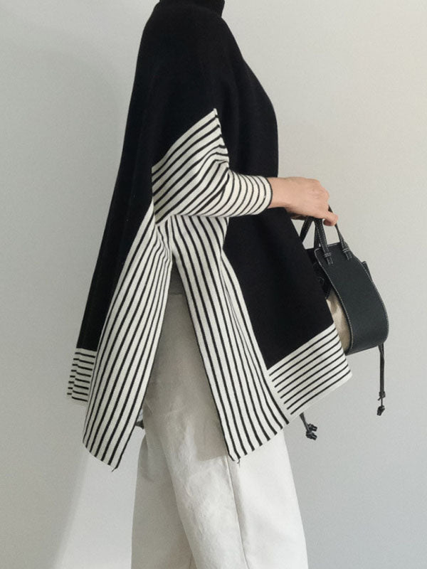 Split-Joint Split-Side Striped Batwing Sleeves Loose High Neck Sweater